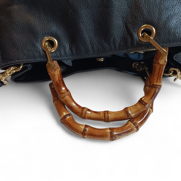 Emma Fox Black Pebbled Leather Handbag Bamboo Handles Removable Crossbody Strap - Picture 9 of 13